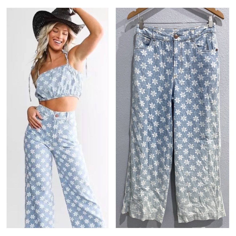 Wrangler Western Boho Ombré Wide Leg Cowgirl Mod Floral High Waist Jeans